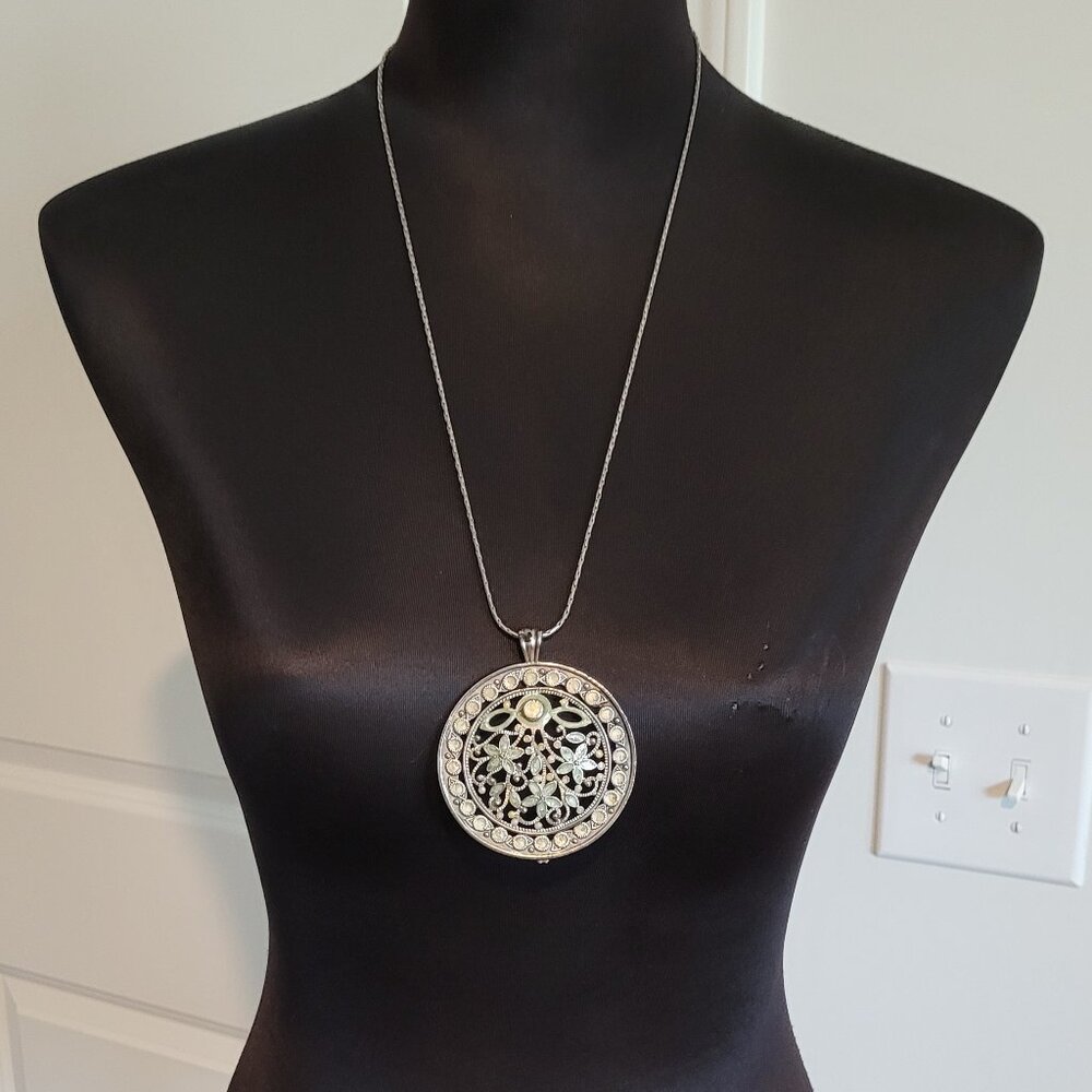 Large Silver and Light Green Enamel Pendant Necklace